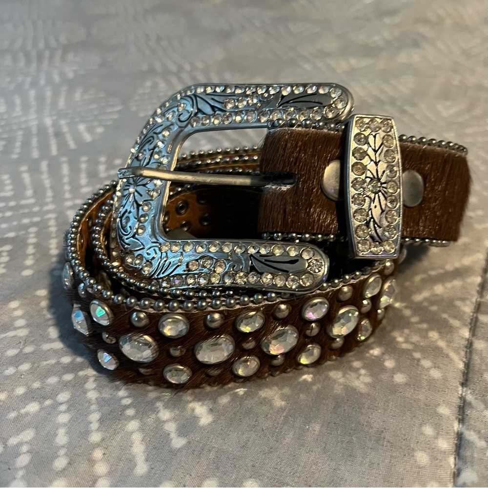 Atlas Brown Fur Leather Rodeo Belt Covered with Jewels